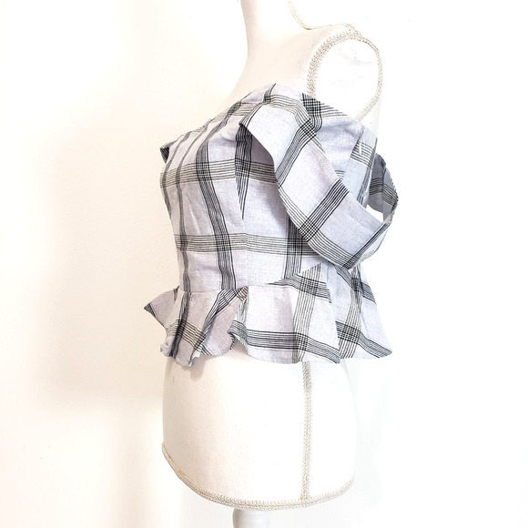 NEW!! Chriselle X J.O.A. SIZE M Off The Shoulder Plaid Gray Blue Blouse Top - Picture 13 of 14